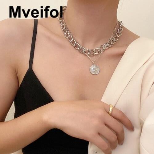 Mveifol Punk Multi Layered Portrait Coin Pendant Necklace For Women Chunky Thick Cuban Link Chain Choker Necklace Punk Jewelry