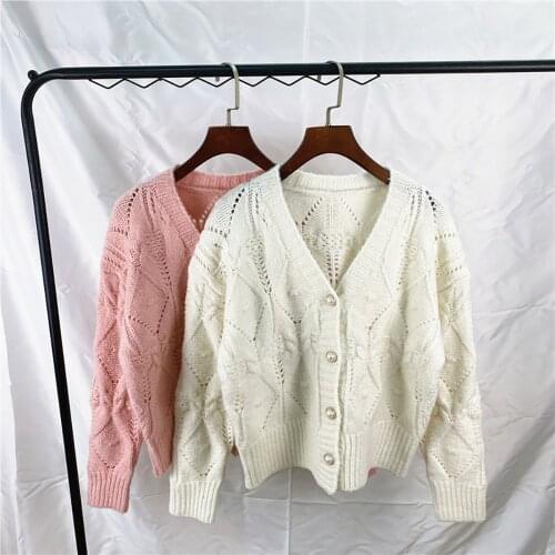 Wool Blended 2021 Autumn Winter New Hollow Knitted Cardigan Sweater Twist Loose Top Coat