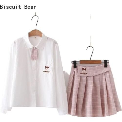 Biscuit Bear 2 Piece Set Women Cartoon Embroidery Tie Blouse +Hight Waist Embroidery Mini Pleated Skirts Sweet Ladies Woman Sets