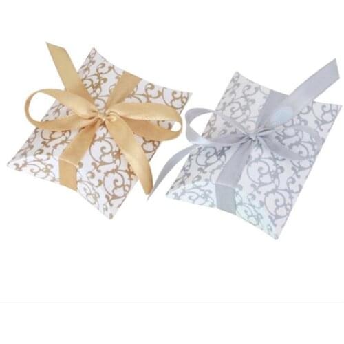 Pillow Candy Boxes Gold Silver Paper Wedding Party Favor DIY Gift Box Supply Accessories Festival Sugar Packing Bags With Ribbon
