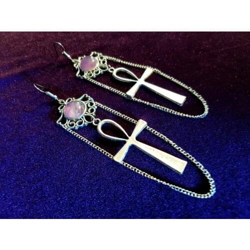 Ankh Amethyst Earrings - big ankh symbol with amethyst gemstones and chains,Unisex Jewelry,Punk Occult Jewelry