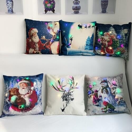 LED Light Christmas Elk Santa Cushion Cover 45*45cm Cotton Linen Pillow Covers Home Decor Sofa Cushions Pillow Cases KD-0589
