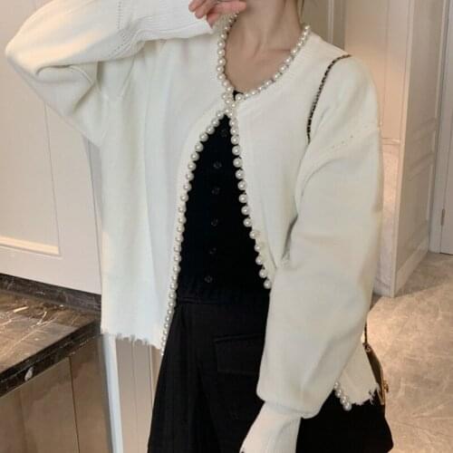 Sweater Women Autumn Winter Fall Knitted Cardigan Elegant Pearls Long Sleeve Open Stitch Korean Knitwear Sueter De Mujer