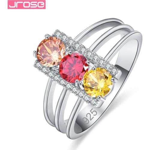 JROSE Sexy Lady Gorgeous Party Round Cut Jewelry Red Blue Yellow Cubic Zirconia Silver Ring Size 6 7 8 9 Jewelry For Women