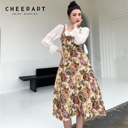 CHEERART Vintage Fake 2 Piece Floral Jacquard Long Sleeve Dress Women Flare Sleeve Square Neck A Line Ladies Dress 2021 Fashion