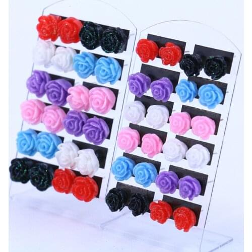 ISINYEE 12 Pairs/sets Small Colorful Rose Stud Earrings For Women Girls Kids Fashion Handmade Resin Flower Earring Jewelry