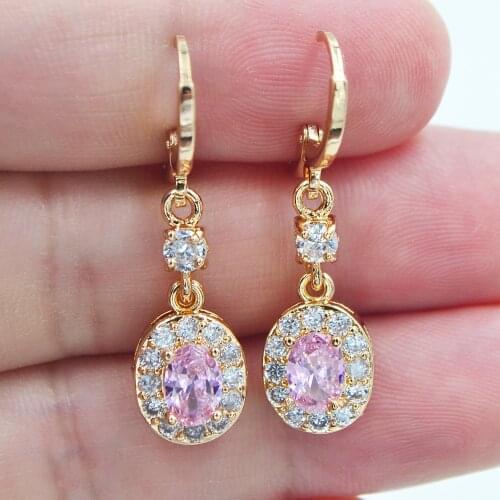 AAA+ Cubic Zirconia Gold Color Fashion Women Oval Pink CZ Dangle Engagement Earrings Jewelry