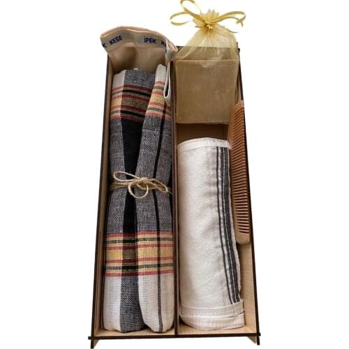 Bathroom Accessory Set Box Natural Bath Towel 100% Viscose Exfoliating Bath Glove Silk Face Mitt, Wood Comb, Soap 5 Product