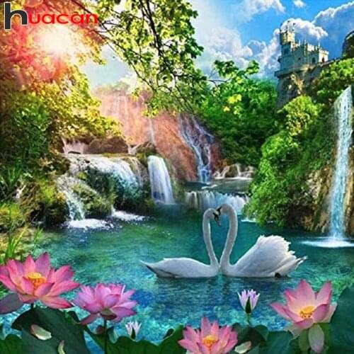 Huacan Diamond Painting Full Drill Swan Waterfall Scenery Mosaic River Lotus Embroidery Natural Landscape Diamond Art