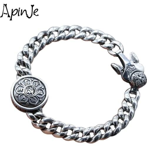 Apinje Width Chain Bracelet 925 Sterling Silver Bracelet Men Rotatable Six Words Mantras Thai Silver Man Gothic Punk Jewelry