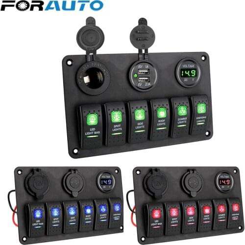 Car Marine Circuit Breaker 6 Gang Rocker Switch Panel ON/OFF Lights LED Digital Voltmeter Dual USB Ports DC 12V/24V Waterproof