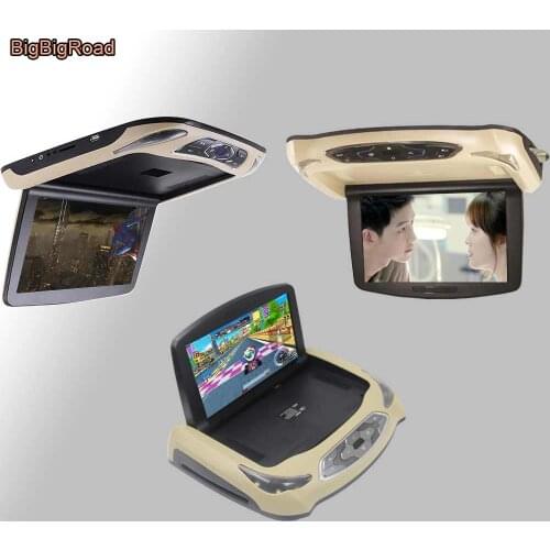 BigBigRoad For Toyota Sequoia Car Roof Mounted In Car LED Digital Screen Support HDMI USB FM TV Game IR Remote Flip Down DVD