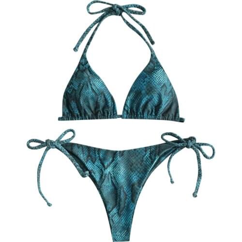 Halter Maillot De Bain Women Snake Skin High Cut V Neck Two Pieces Bikini Swimwear Swimsuit Beachwear Lace Up Bandage Beach Set