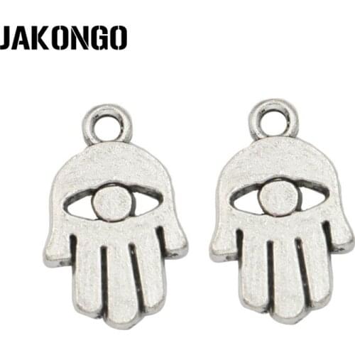 JAKONGO Antique Silver Plated Fatima Hand Hamsa Charm Pendants for Jewelry Accessories Making Bracelet DIY 18x12mm 20pcs/lot
