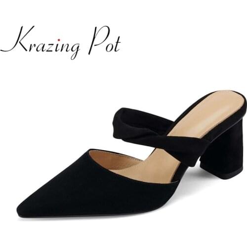 Krazing Pot genuine leather shallow high heels pointed toe gentlewomen beauty girls French romantic slip on women sandals L51