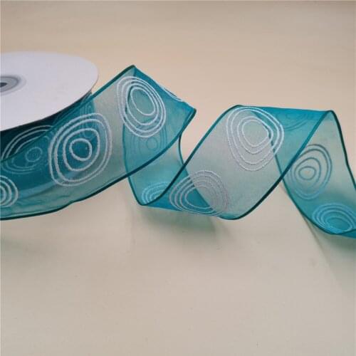 38mm X 25yards Wired Edge White Circles Blue Organza Sheer Ribbon.Gift Bow,Wedding,Cake Wrap,Tree Decoration,Wreath N1121