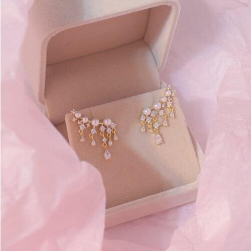 Korea Hot Selling Fashion Jewelry 14K Real Gold plated Zircon dangle Earrings Elegant Pearl Womens Prom Party Earrings