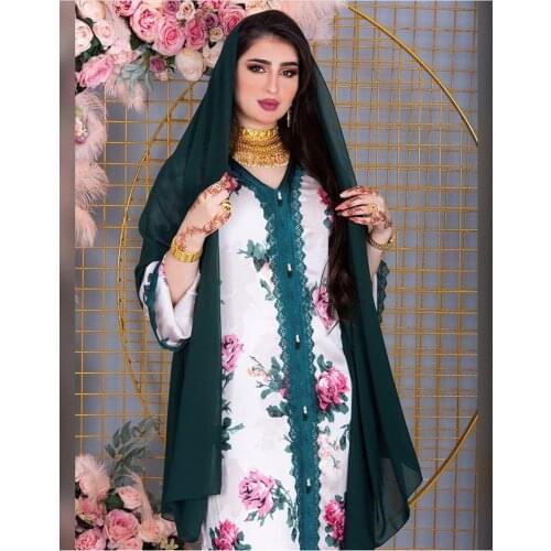 Muslim Jalabiya 2021 Eid Elegant White Rose Print Ribbon V Neck Long Sleeve Hijab Dress Women Dubai Arabic Turkey