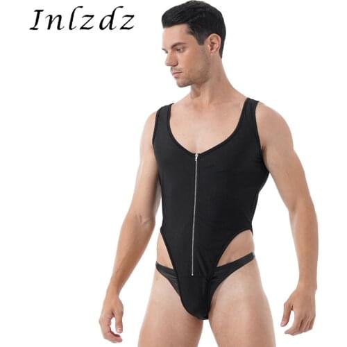 Mens Lingerie Wrestling Singlet Bodysuit Sleeveless Zipper Front High Cut Jumpsuit U Neck Playsuit Sport Fitness Leotard Rompers
