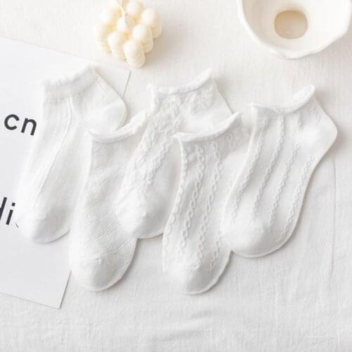 5 Pairs White Socks Frilly Ruffles Mesh Fashion Korean Style Women Kawaii Cute Ankle Designer Lady Girl Soft Short Sock Solid