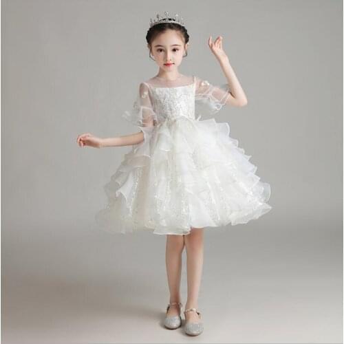 Summer Kids Dress Fluffy Layered White Lace Wedding Dress Elegant Princess Party Evening Gown Girl Birthday Communion Clothing