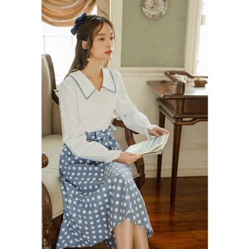 INMAN Spring Autumn Lapel Contrast Color Wave Point Long Sleeve High Waist Lace-up Lace Dress