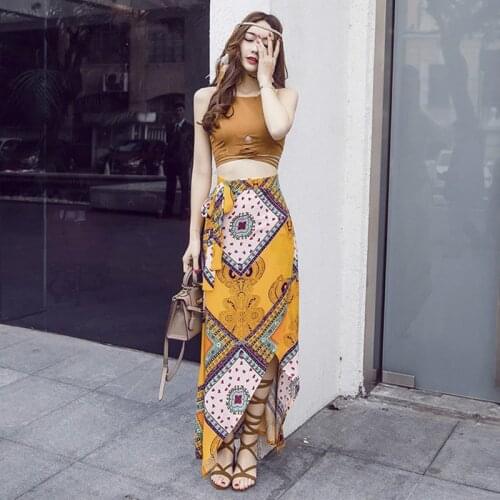 Holiday Wind Summer Women Seaside Beach Sexy Tops + Dress Two-piece Chiffon Print Irregular Bare Midriff Camisole Long Dresses