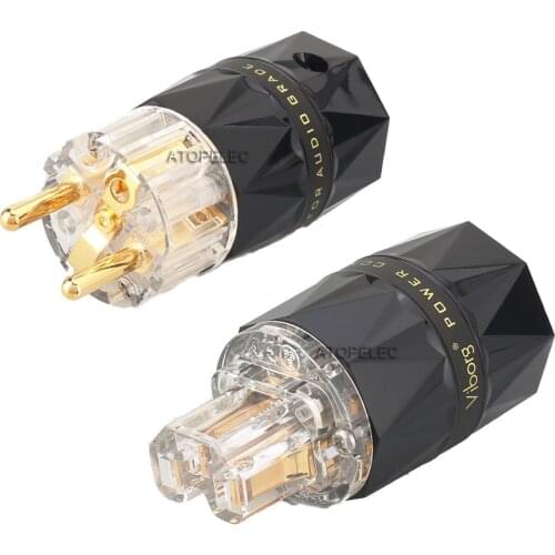 VIBORG Clear Diamond Shell 3u" 24K Gold Plated 99.998% Pure Red Copper Schuko EU Male Plug / IEC Female Power Connector HiFi 503