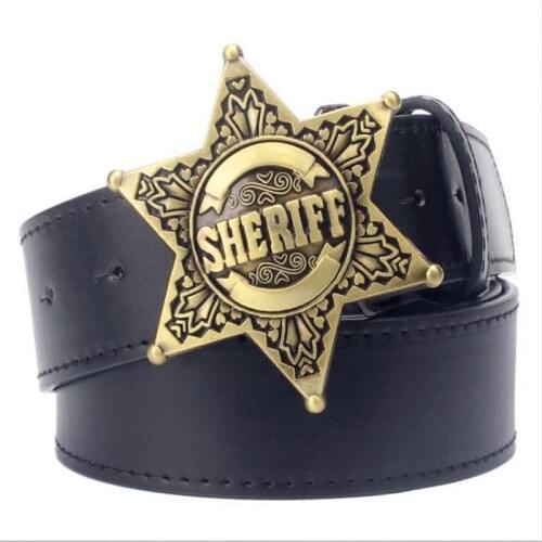 Fashion Mens belt metal buckle belts Sheriff badge Retro Hexagon star sign western style cowboy Pu leather belt