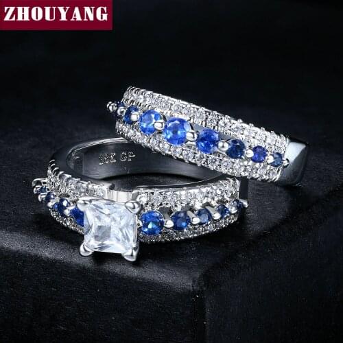 ZHOUYANG Luxury Wedding Ring Sets Square-cut Blue Stone Cubic Zirconia Silver Color Engagement Fashion Jewelry Wholesale YG023