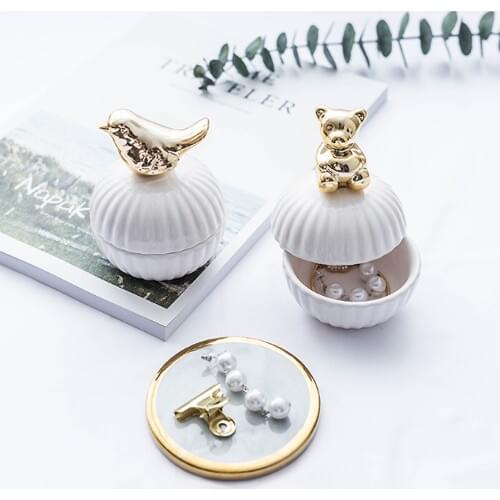 Luxury Gilded Marble Ceramic Storage Tray Jewelry Cosmetic Perfume Dessert Storage Plates Cute Gold 3d Cat bear Ornaments Home