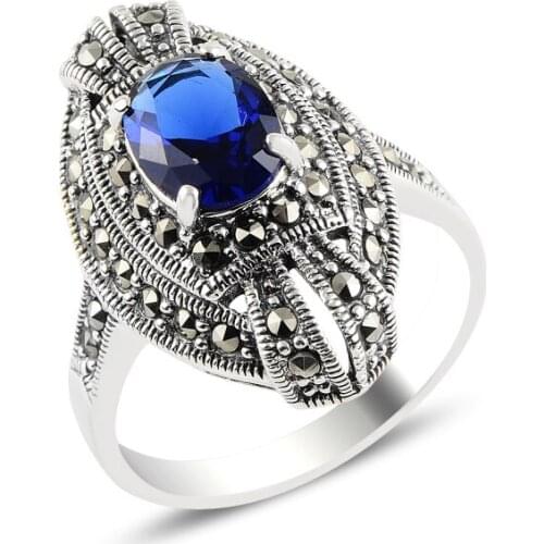 Silverlina Silver Sapphire Zircon & Marcasite Ring