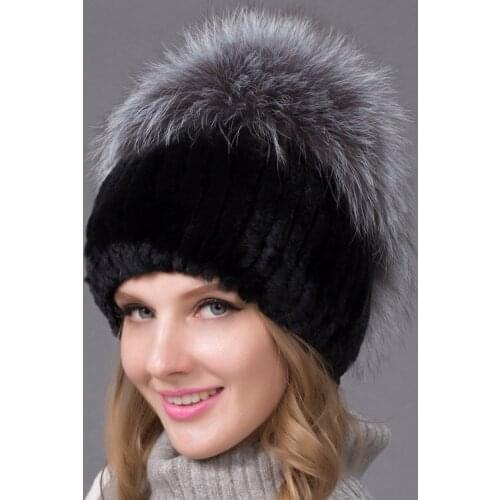 Real Rex Rabbit Fur Hat Female Cotton Lining Knitted Hat Fashion Winter Warm Thick Ear Cap Silver Fox Fur Flower Ball THY-09