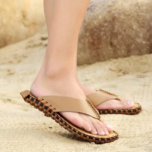 FIXSYS 2021 Summer Leather Men Flip Flops High Quality Beach Sandals Outdoor Anti-slip Slippers for Man Handmade Casual Sandals