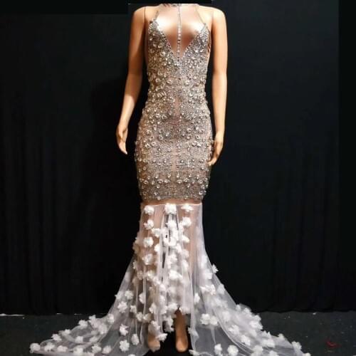 Sparkly Rhinestones Flowers Long Train Dress Glisten Stones Costume Women Prom Birthday Celebrate Dresses Evening Wear DN1618