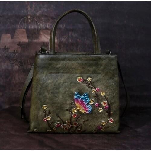 Retro Large Capacity Luxury Handbags Women Bags 2021 Genuine Leather Floral Casual Tote Hand Painted Shoulder & Crossbody Bags