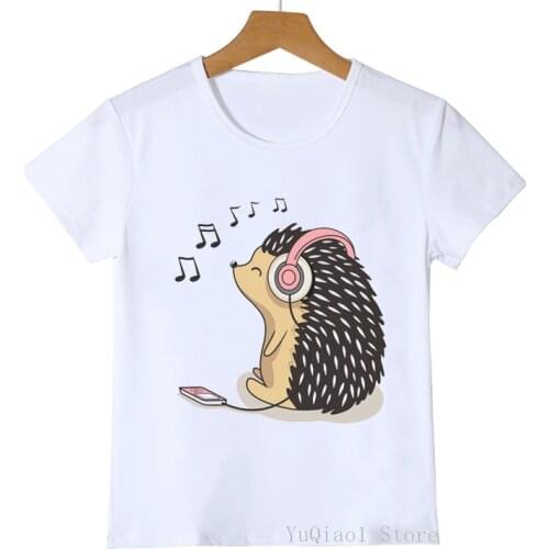 Listen Music Hedgehog Print Funny T Shirts Baby Boys Clothes Summer Top For Girls Cute Animal Print Kids Tee Childrens T-Shirts