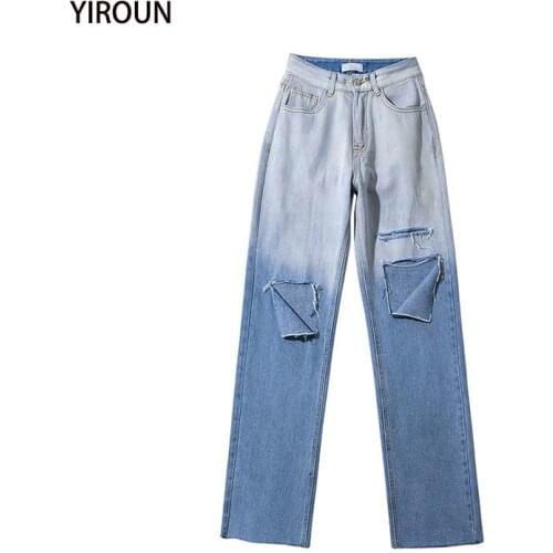 Women Jeans Pants 2021 Retro Ripped High Waist Gradient Color Straight Wide Leg Pants Female Casual Loose Drape Trample Trousers