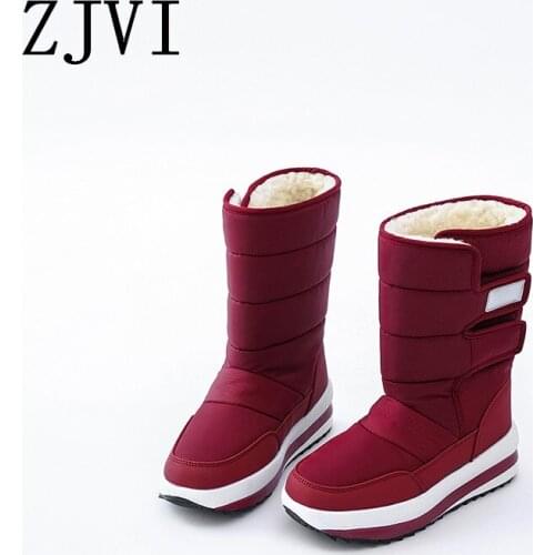 ZJVI Women Black Red Down Cotton Winter Mid Calf Snow Boots Flat Platform Woman Ladies Warm Fur Shoes For Girls Flats 2020 New