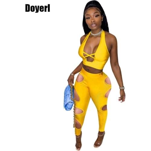 Hollow Out Sexy 2 Piece Sets Womens Outfits Summer Clothes for Women Crop Top and Bodycon Pants Set Club Two Piece Matching Sets