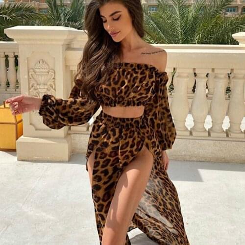2PCS Sexy Summer Women Beach Swimwear Leopard Printed Ruched Off Shoulder Shirt Top and Split Skirts Stylish Bathing Clothes Set