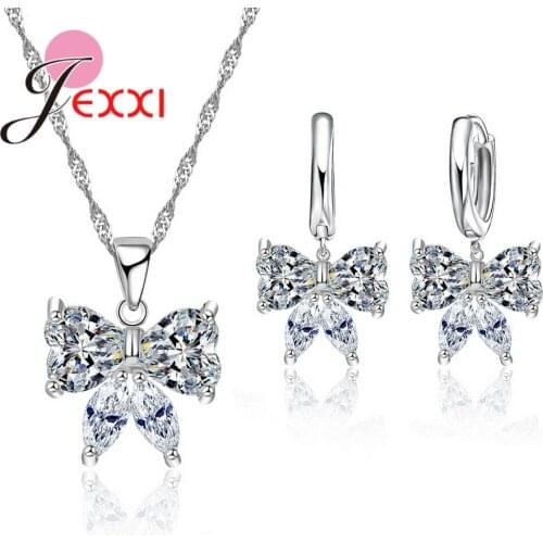 18" Chain 925 Sterling Silver Pendant&Necklace Earrings Bridal AAA Cubic Zirconia Rhinestone Jewelry Sets For Wedding Gift