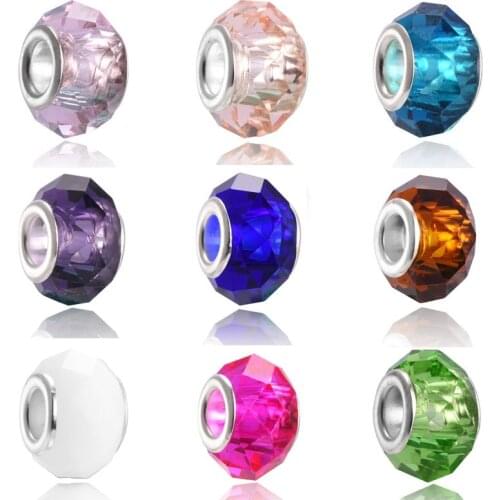 20PCS/Lot 14mm DIY Handmade Jewelry Silver Plated Crystal Glass Beads Charms fit for Women Pandora Bracelet Snake Chain & Bangle