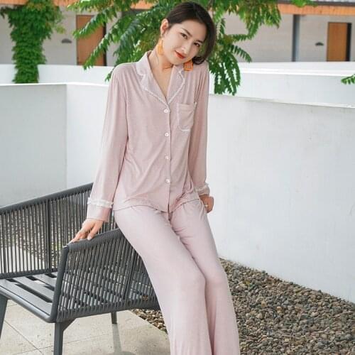 2020 Autumn Pajamas Womens Long-Sleeve Pyjamas Solid Modal Turn-down Collar Sleepwear Cute Lace Womens Two Piece Pijama Mujer