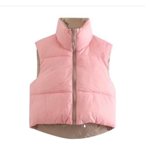 2021 Fashion Elegant Women/Girl High Collar Pure Color Reversible Wear White Duck Down Waistcoat Casual Loose Vest Pink/Green