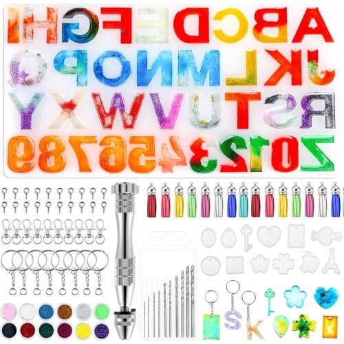 204Pcs/Set DIY Keychains Craft Making Resin Casting Molds Letter Shape Silicone Mold Resin Jewelry Mold Keychains with Tassels