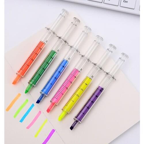 6pcs Slim Syringe Color Highlighter Marker Pen Set Syring Liner Drawing Novelty Stationery Office School Resaltadores A6527