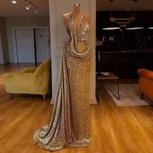 Glitter Sequins Evening Dress Sexy Straight Prom Dresses Halter Gold Formal vestidos formales arab robe abiye abendkleider