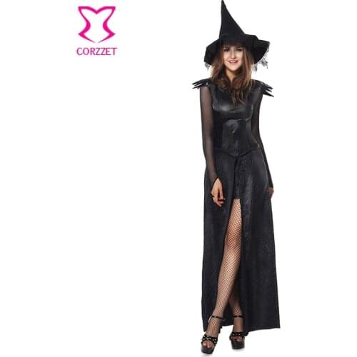 Corzzet Black Long Dress Adult Halloween Witch Costume Christmas Carnival Clothing Fantasia Infantil Costume Vampire Cosplay