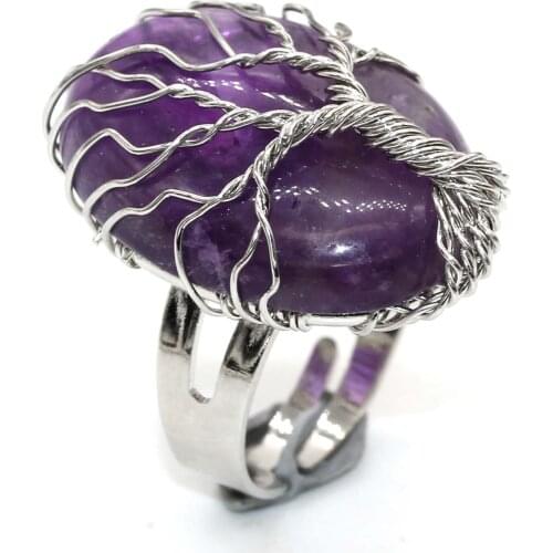 KFT Handmade Wire Wrapped Oval Shape Resizable Natural Healing Amethysts Crystal Quartz Reiki Stone Finger Ring Jewelry